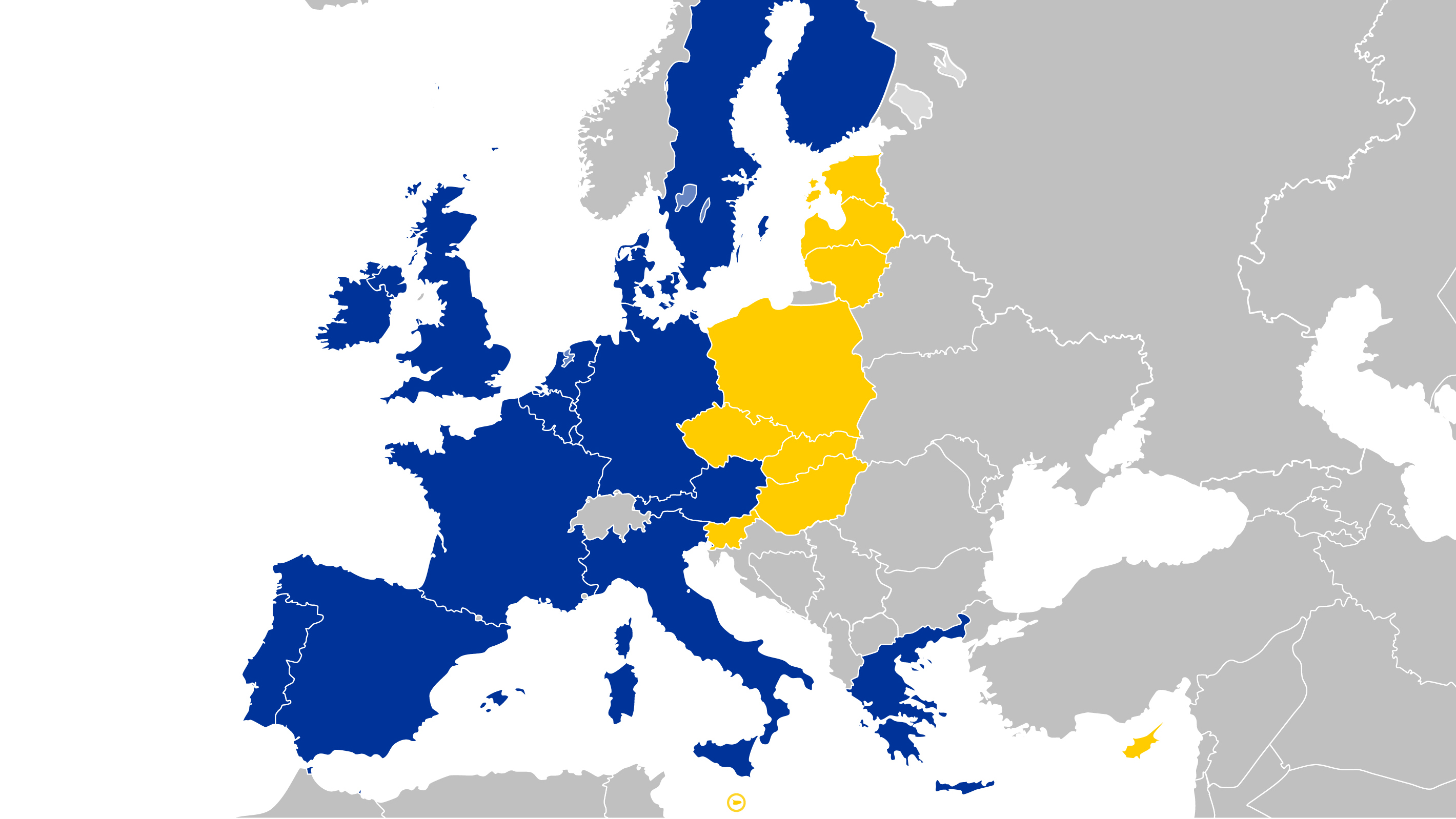 Am 1. Mai 2004 wurden die Länder Estland, Lettland, Litauen, Malta, Polen, Slowakei, Slowenien, Tschechien, Ungarn und der griechische Teil Zyperns als Vollmitglieder in der Europäischen Union aufgenommen. Am 1. Januar 2007 folgten die Länder Rumänien und